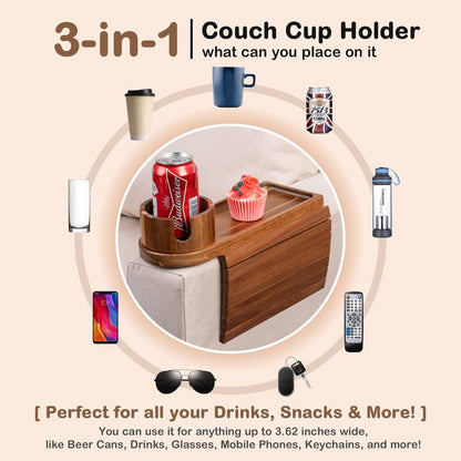 Couch Cup Holder for Armrests Over 4.9" Wide, Acacia Wood Couch Arm Tray with 360° Rotating Cup Holder, 3 in 1 Foldable Sofa Arm Tray Table for Remote, Snacks, Phone, Drinks