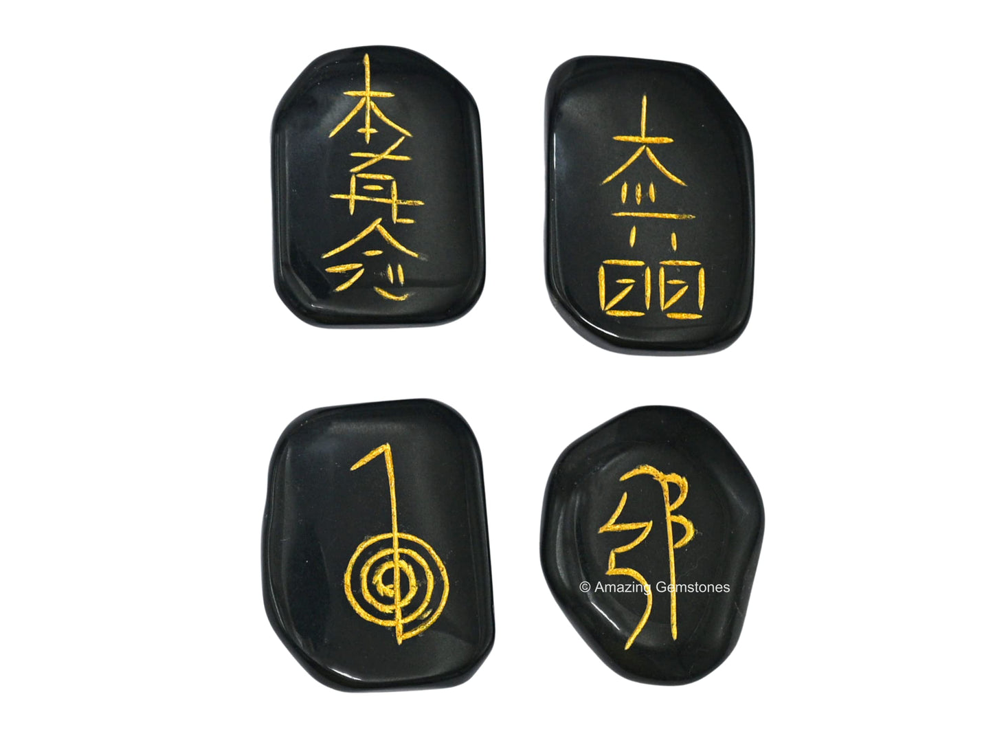 Amazing Gemstone Black Agate Crystal Reiki Stones with Engraved Symbols for Usui Reiki Healing, Set of 4 Pcs (Indian Handmade Reiki Gift Set)