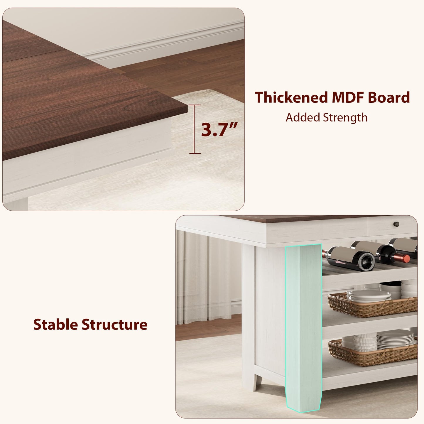 SLEKVERSA Farmhouse Dining Counter Height Table with Wine Rack & 3 Shelves, 36" Wooden Tall Dining Table with 2 Drawers, Thick Frame Counter Height Kitchen Table for Entertaining, Retro White Brown