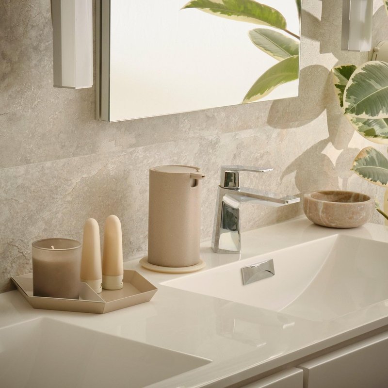 LINE+ARC Modern Easy-to-Press Soap Dispenser (Stone). No-Rust Cute Bathroom Beige Marble Kitchen Sink Ergonomic Liquid Lotion Shampoo Conditioner