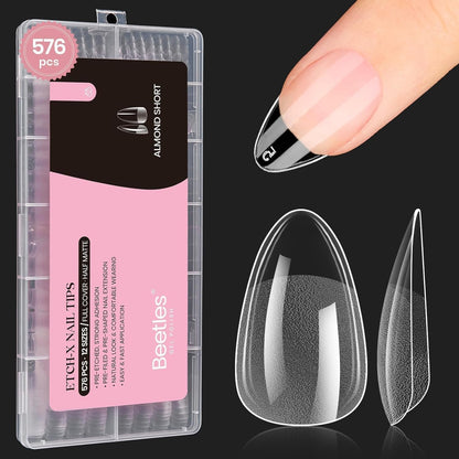 Beetles Gel Nail Kit Short Almond with Nail Dehydrator and Primer, 576Pcs Half Matte Etch-X Gel Nail Tips Solid Nail Glue Mini Nail Lamp Acrylic Nail Tips Easy DIY Nail Extension Set Gift for Women