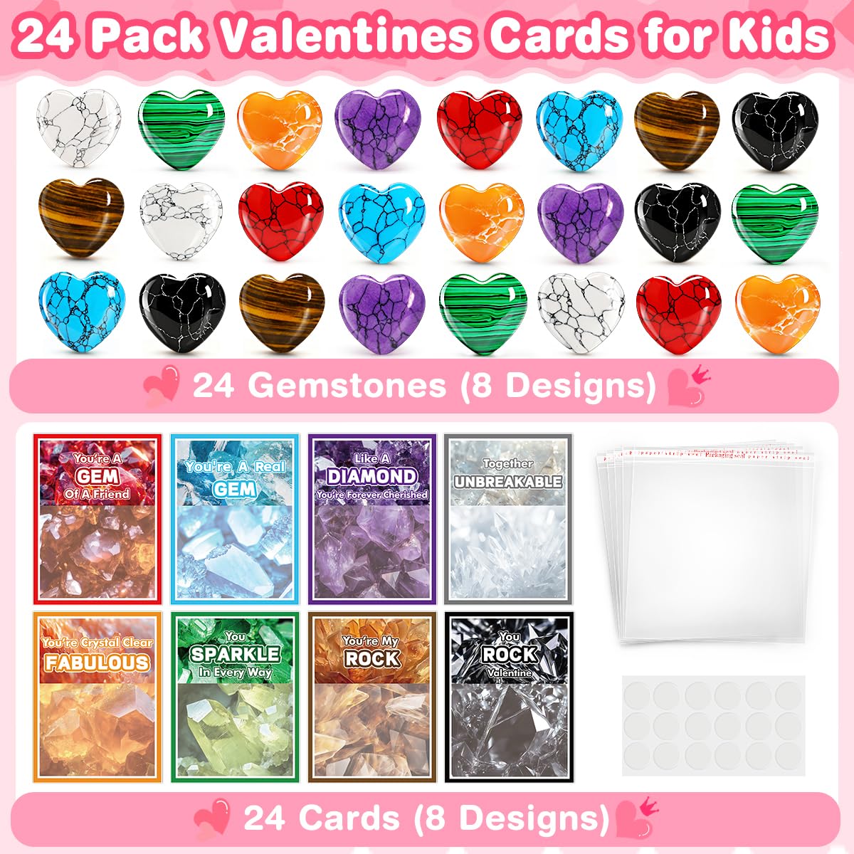 Jumlys Valentines Day Gifts for Kids, 24 Packs Valentines Day Cards with Heart-shaped Gemstone for School, Valentine Day Party Favors for Boys Girls, Ideal Exchange Cards for Classroom