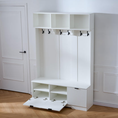 KEIKI 5-in-1 Hall Tree with Bench, Shoe Storage & 3 Open Storage Cabinets, Multi-Functionale Farmhouse Hall Tree with High Gloss Fluted Doors for Hallway Living Room, White