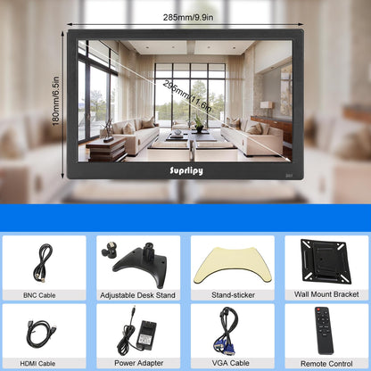 Suprlipy 12 inch FHD Small IPS Monitor LCD Display Screen 1920x1080 60Hz 16:9 with BNC VGA AV Input Built-in Lounspeakers for CCTV Security Camera DVR PC RasPi
