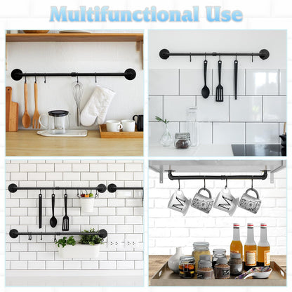Boshangjia 24 inch Pot Rack Wall Mounted Pot Hangers for Kitchen, Detachable Storage Organizer, Industrial Pipe Lids Utensils Hanging Rail Iron Holder with 6 S Hooks, Black