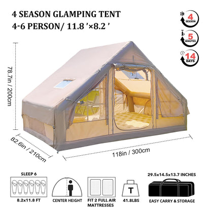 Inflatable Tent for Camping 4-6 People, Blow up Tents with rain-Proof Canopy, 4 Season Moisture-Proof pad, Glamping Inflatable Hot Tent with Stove Jack & Fire-Proof Mat Outdoor