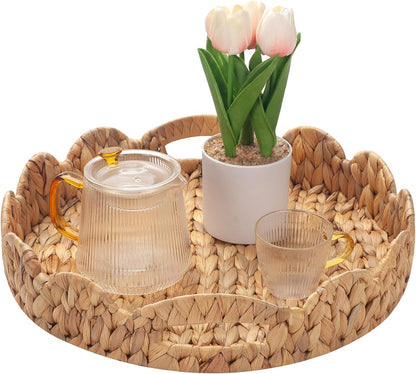 14 inch Yangqihome Round Scalloped Serving Tray, Decorative Water Hyacinth Scalloped Basket with Built-in Handles