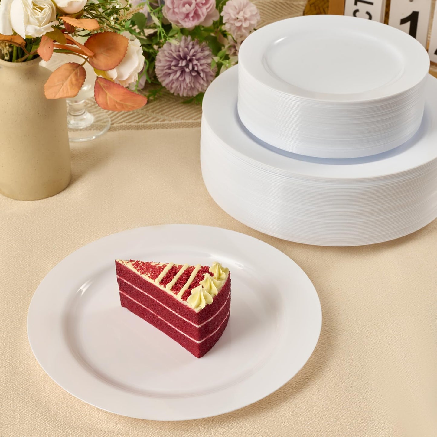 FOCUSLINE 100 Count White Plastic Plates 10 Inch, Disposable Heavy Duty Dinner Plates- Premium Hard Plastic Plates Fancy Disposable White Plates for Weddings, Parties and Events