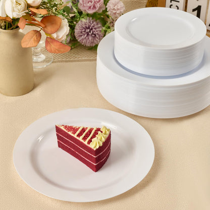 FOCUSLINE 100 Count White Plastic Plates 10 Inch, Disposable Heavy Duty Dinner Plates- Premium Hard Plastic Plates Fancy Disposable White Plates for Weddings, Parties and Events