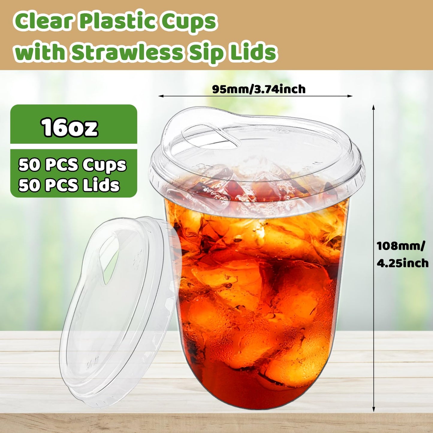 Alaeseje 50 Pack Clear Plastic Cups with Strawless Sip Lids,16 oz Iced Coffee Cups with Lids,Disposable PET Crystal Cups,Round Bottom To Go Cup for Iced Coffee Juice Smoothie Cold Beverage