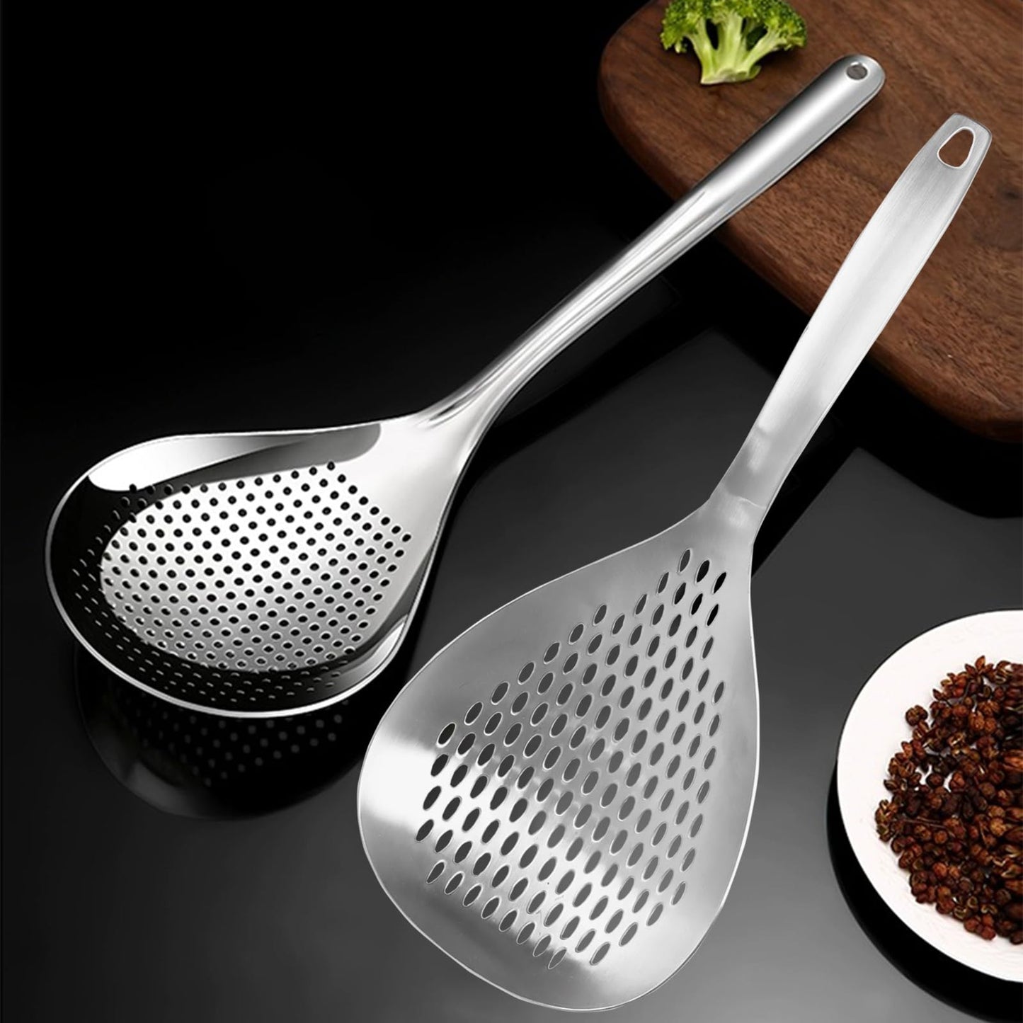 KAYCROWN Skimmer Slotted Spoon, 2 Pack Stainless Steel Pasta Spider Strainer Skimmer Ladle Spoon for Frying and Cooking, Frying Strainer, Kitchen Cooking Colander