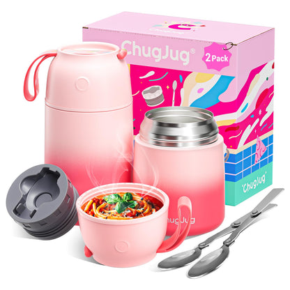 Insulated Food Jar Set, 26oz & 18oz Stainless Steel Vacuum Insulated Soup Containers for Hot Food, Leak-Proof Thermal Food Jars with Spoons, Cute Stylish Design for School, Work & Travel (Pink)