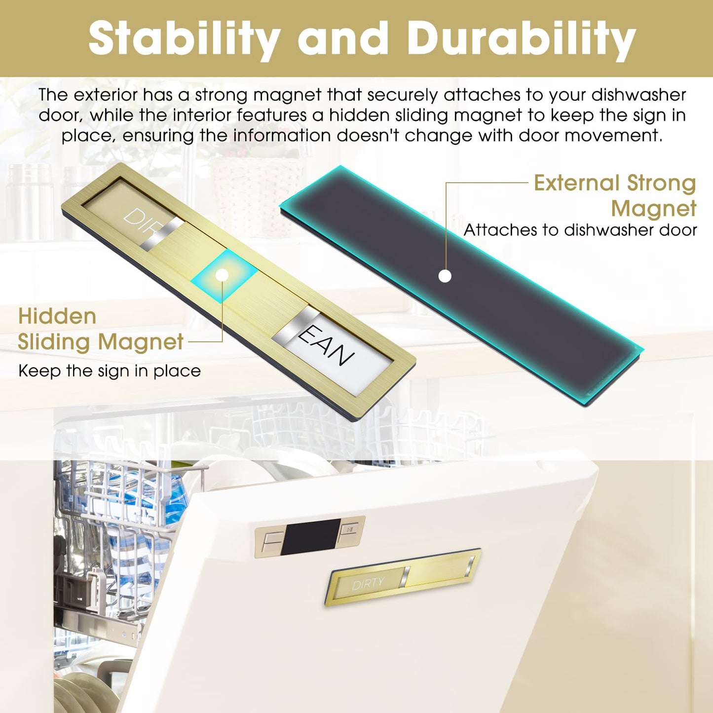 Clean Dirty Magnet for Dishwasher, Premium Stainless Steel 304, Dirty Clean Dishwasher Magnet for Kitchen Decor, Dishwasher Accessory, Birthday Gift for Mom Women Friend (Golden-03)