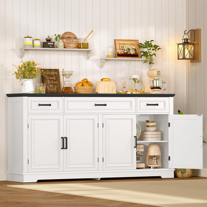 usikey 59” Large Buffet Cabinet with 4 Doors and 3 Drawers, Buffet Sideboard Cabinet with Storage and 2 Adjustable Shelves, Coffee Bar, Wine Bar for Living Room, White