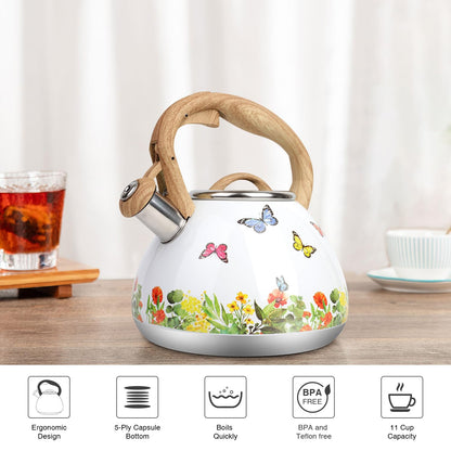 Tea Kettle, Toptier Teapot Whistling Kettle with Wood Pattern Handle Loud Whistle, Food Grade Stainless Steel Tea Pot for Stovetops Induction Water Kettle, 2.7-Quart Butterfly