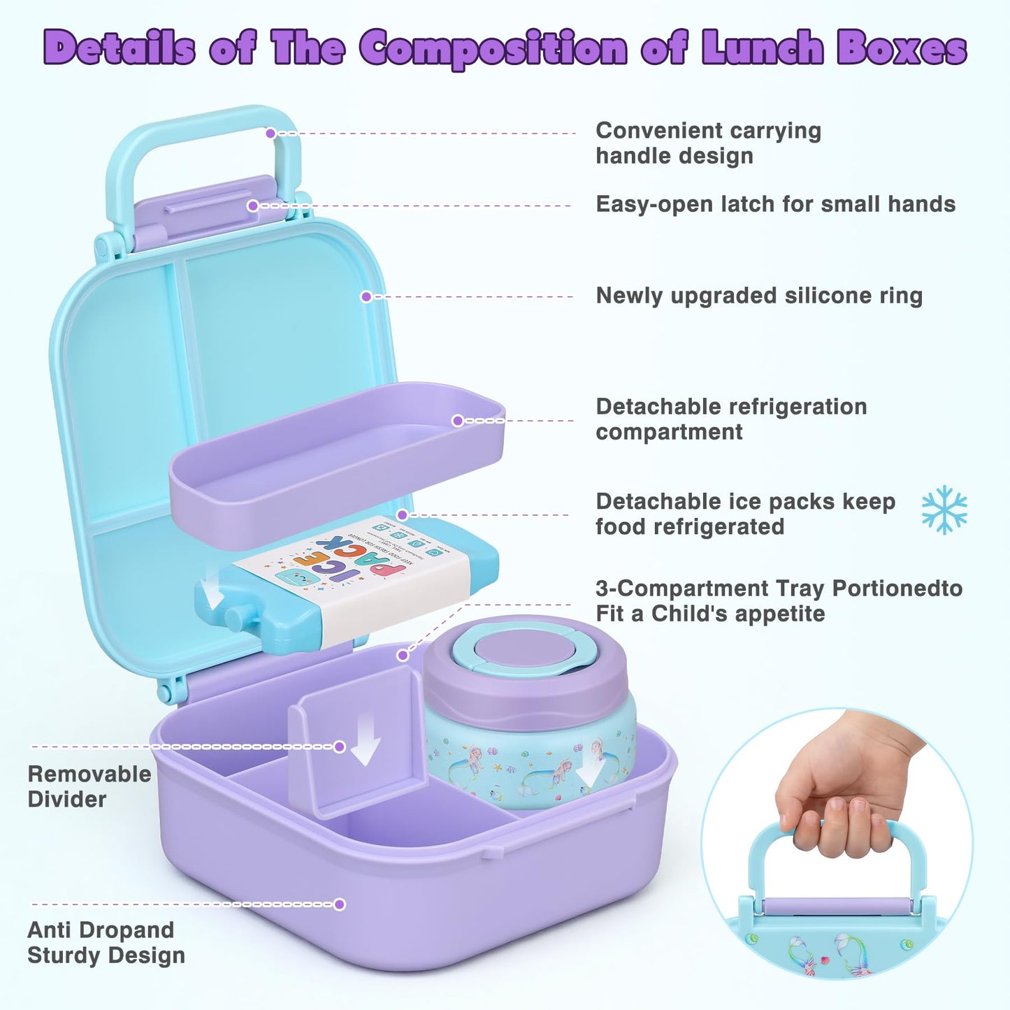 Bento Lunch Box for Kids with 7oz Soup Thermo,Insulated Stainless Steel Kids Water Bottle with Straw and Insulated Lunch Bag,Leak-Proof Lunch Food Container with Ice Pack for School(Purple-Mermaid)