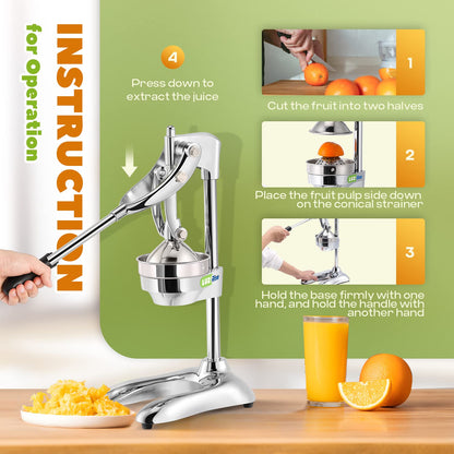 Luzrise Manual Juicer Hand Press Professional Citrus Juicer Countertop Metal Orange Lemon Pomegranate Squeezer for Commercial Home Restaurant Use( Stainless Steel Heavy Duty Extra Large 7.4*9.8*19.3")