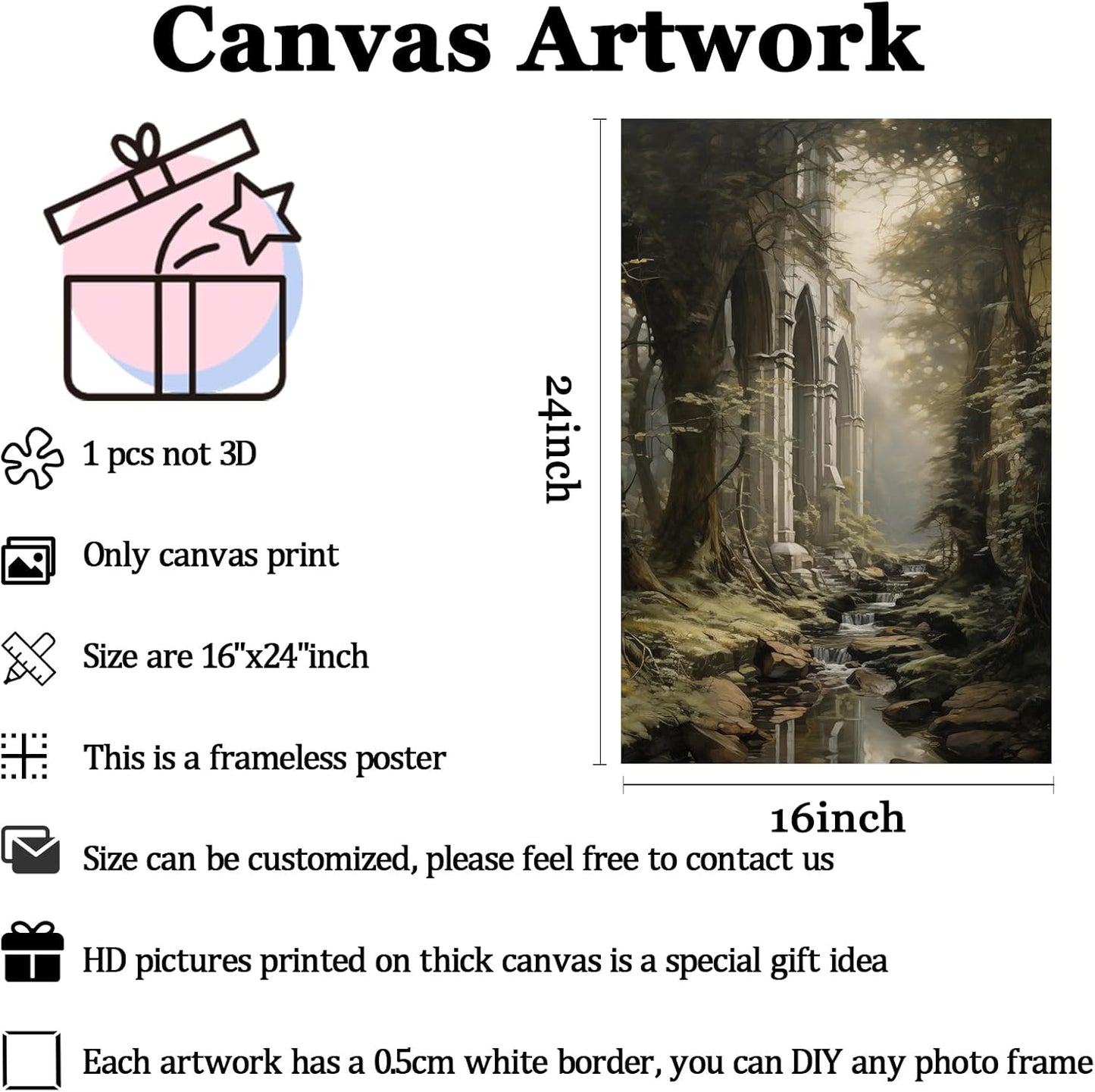 Dark Forest Wall Art 16x24inch, Gothic Landscape Poster and Vintage Castle Canvas Prints No Frame