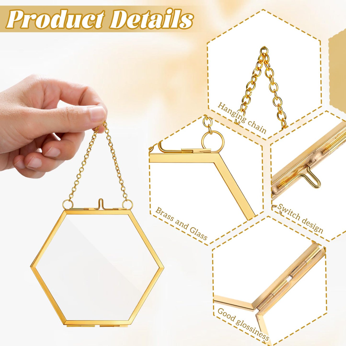 Yuanan 8 PCS Double Glass Frame for Pressed Flowers Handmade, 4 X 3 Inch Pressed Flower Frames with Metal Chain Brass Hanging Glass Frame for DIY Dried Flower, Art Display and Wall Decoration-Gold