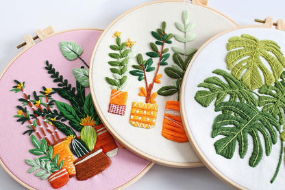 Konrisa Embroidery Kits for Adults Beginner, European Style Garden Plant Green Leaf Stamped Embroidery Starter Kit,DIY Sewing Practice, Needlepoint Cross Stitch Kit,Set of 3