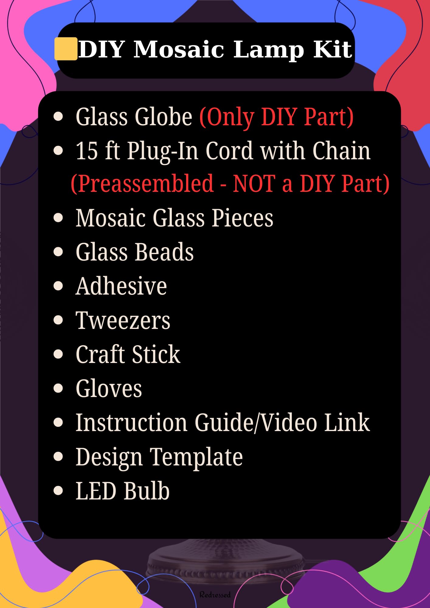 DEMMEX DIY Turkish Mosaic Plug-in Hanging Lamp Kit – NO Grout or Plaster, Beginner-Friendly – Complete Tiffany Mosaic Glass Light-Making Craft Project Kit for Adults and Teens (Brown&Amber)