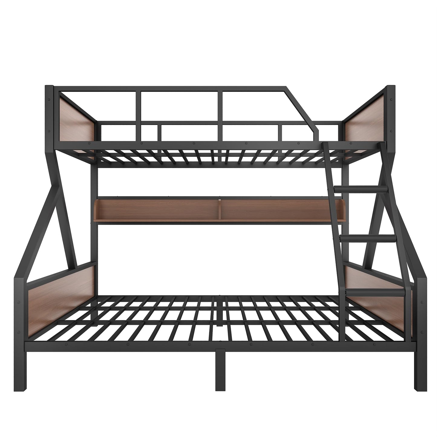 Bellemave Queen Over King Size Bunk Bed with Storage Shelves and LED Lights,Heavy Duty Adult Bunk Beds with Angled Ladder,Metal Queen Bunk Bed,Black