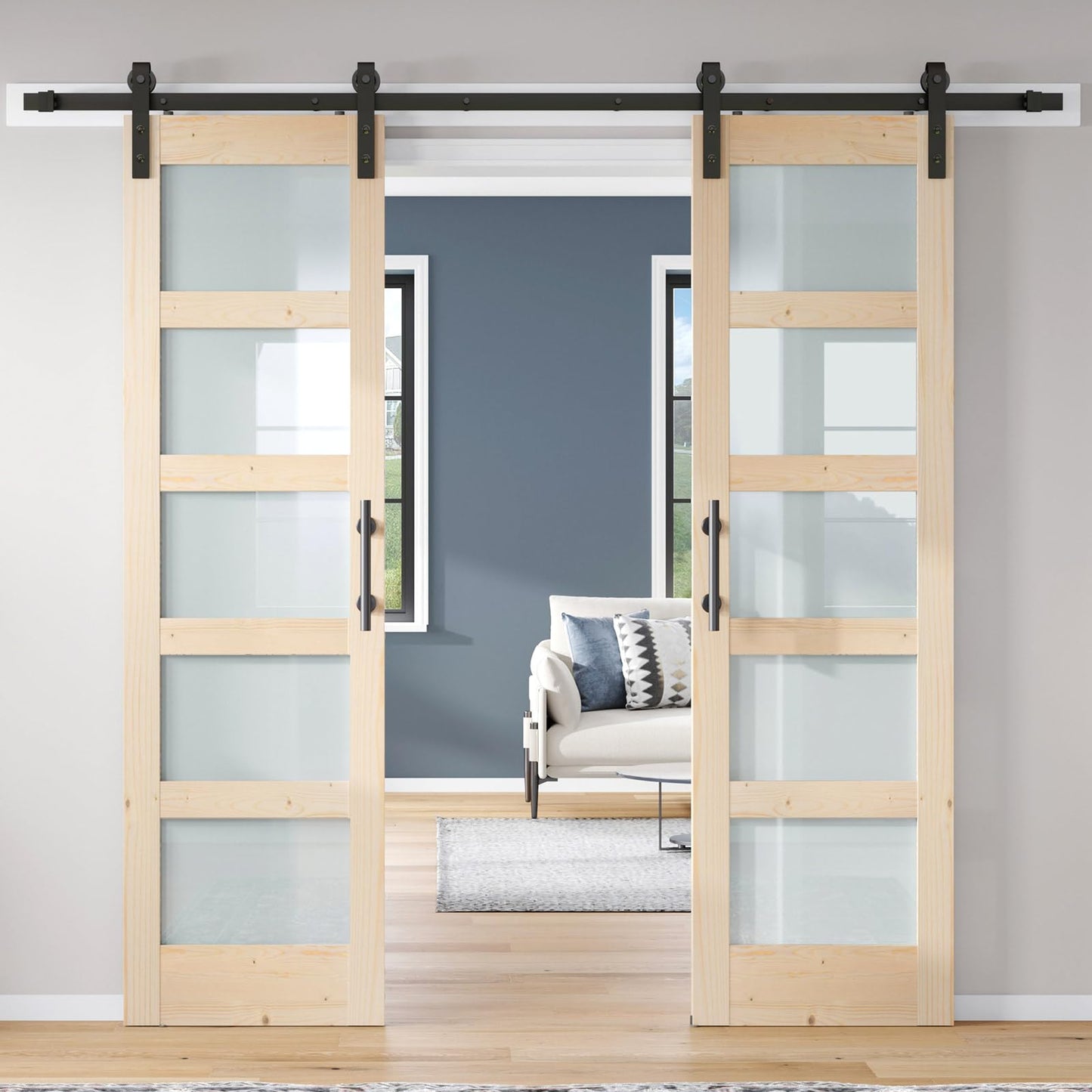 ROYMELO Double 24×84 inch Glass Sliding Barn Door Slab with 8ft Hardware Kit Included, 5-Panel Frosted Glass, Spruce Wood Support DIY Dyeing, Easy Assembly