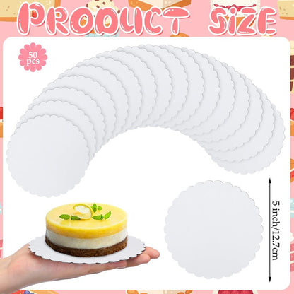 Newtay 50 Pcs 5 Inch Scalloped Bases Cake Boards Scalloped Bases White Mini Cake Boards for Mousse Cupcake Dessert Decorating Grease Proof Disposable Baking Supplies