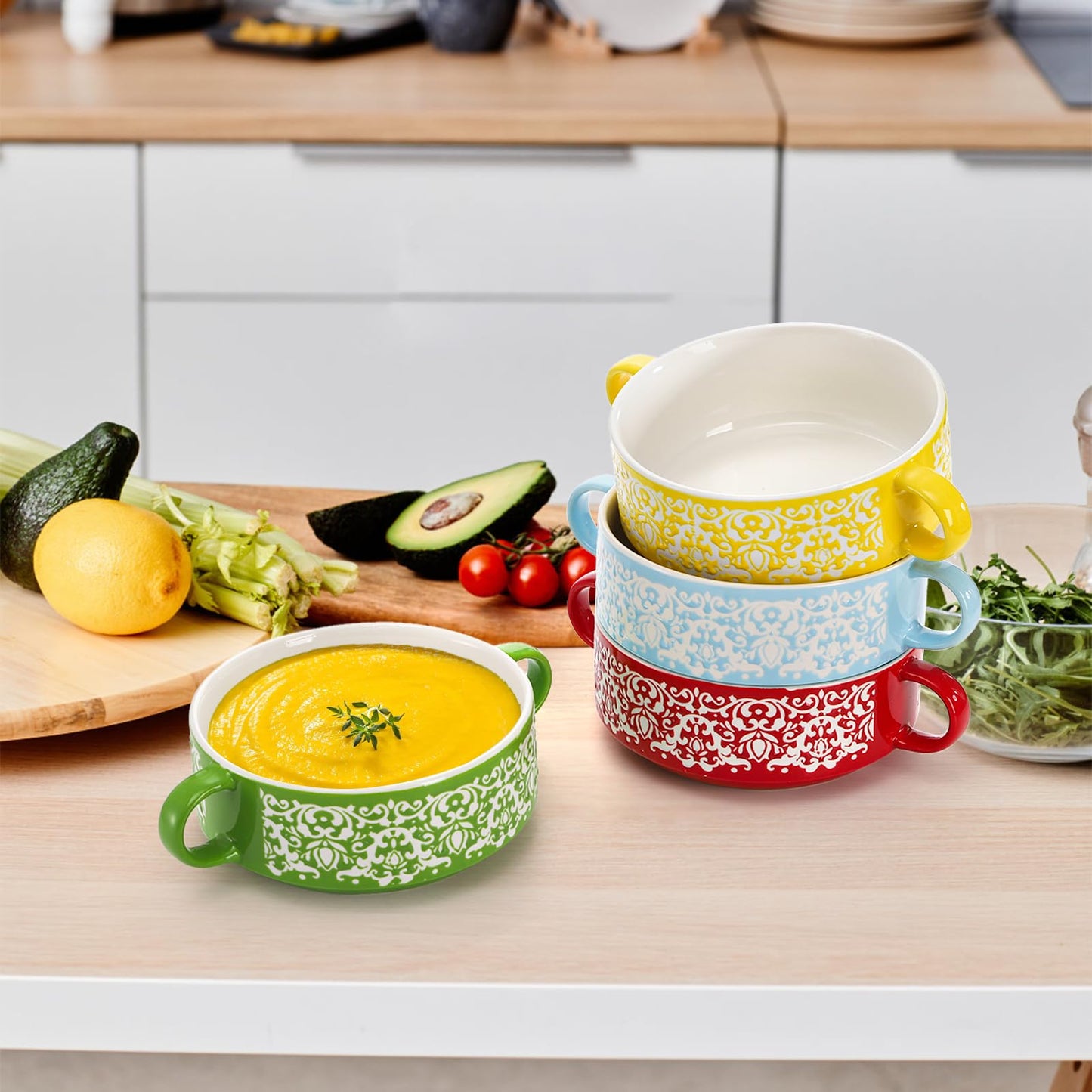 Acshio Set of 4 French Onion Soup Bowls with Handles, 20 Oz Ceramic Multicolor Soup Bowls with Organizer Rack, Stackable Soup Serving Crock for Beef Stew, Pasta, Cereal, Pot Pies