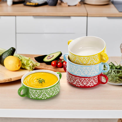 Acshio Set of 4 French Onion Soup Bowls with Handles, 20 Oz Ceramic Multicolor Soup Bowls with Organizer Rack, Stackable Soup Serving Crock for Beef Stew, Pasta, Cereal, Pot Pies