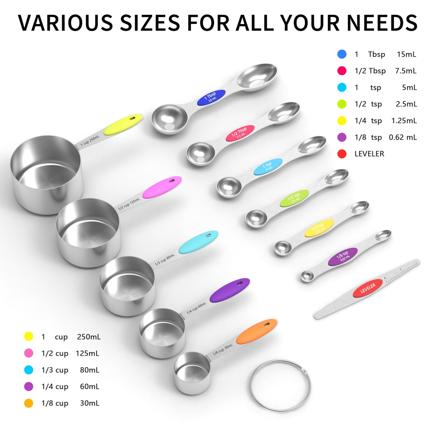 TILUCK measuring cups and magnetic measuring spoons set, stainless steel measuring cups, 6 double-sided stainless steel measuring spoons & 1 leveler (12)