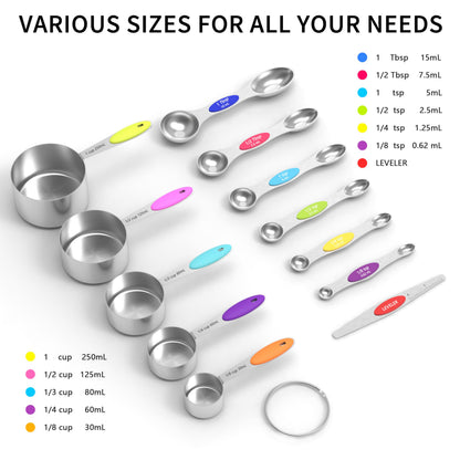 TILUCK measuring cups and magnetic measuring spoons set, stainless steel measuring cups, 6 double-sided stainless steel measuring spoons & 1 leveler (12)