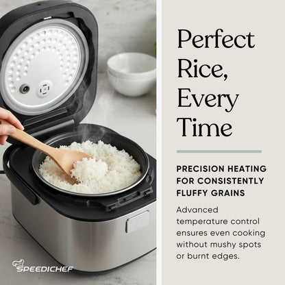 SPEEDICHEF 10-Cup Rice Cooker with Steamer Basket | Smart Rice Maker with Easy-to-Clean Nonstick Inner Pot | Delay Timer & Keep Warm Settings | Non-Toxic & BPA-Free | Ideal for Family Meals, Stainless Steel
