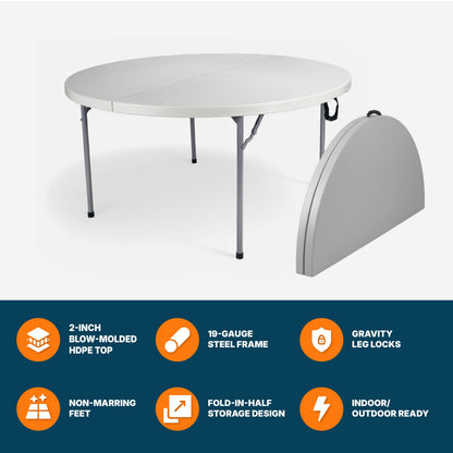 OEF Furnishings OEFCMFIH60R Commercial-Grade Premium Industrial Fold-in-Half Blow-Molded Folding Table with 19-Gauge Steel Frame and Thick Top (60" Diameter, Speckled Gray Top)