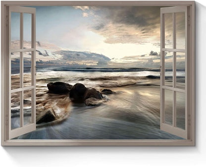 Fake Window Coastal Wall Art - Rocky Beach Artwork Canvas Painting for Bedroom Office Living Room Decor