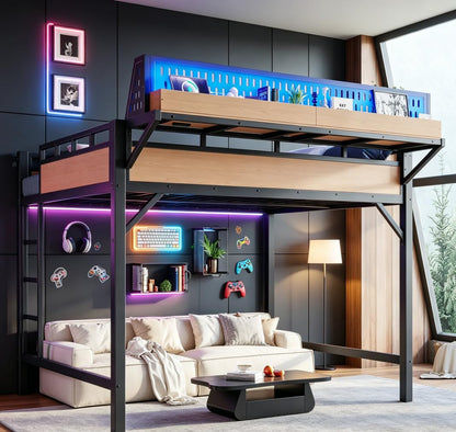Bellemave Queen Size Loft Bed with Ladder and Storage Shelves and Storage Shelves and Pegboard, Metal Loft Bed Frame with USB Ports and LED Lights for Adults, Kids, Teens, Black