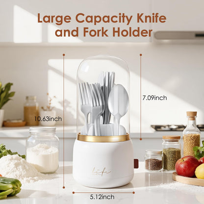 EXIN DECHEN 360° Rotation Silverware Organizer for Kitchen Counter,Utensil Holder Caddy Silverware Caddy Holder for Party,Spoon and Fork Organizer,7 Slots and Intermediate Drainage Device with Cover