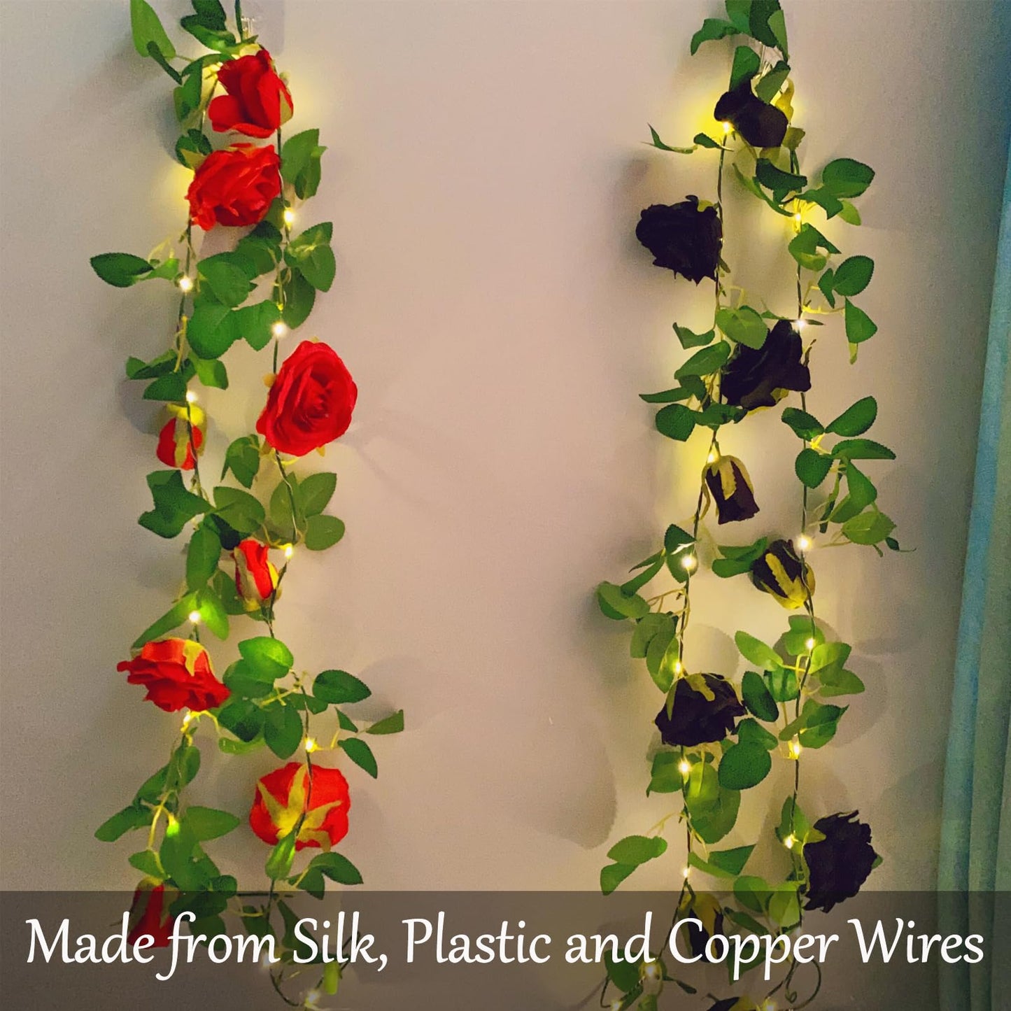 Fielegen 6.56 FT Halloween Artificial Black Rose Vine Lights Fake Floral Garland Wall Decoration Faux Plants Rose Vine with 20 LED Fairy Lights Battery Operated String Lights for Garden Wedding Decor