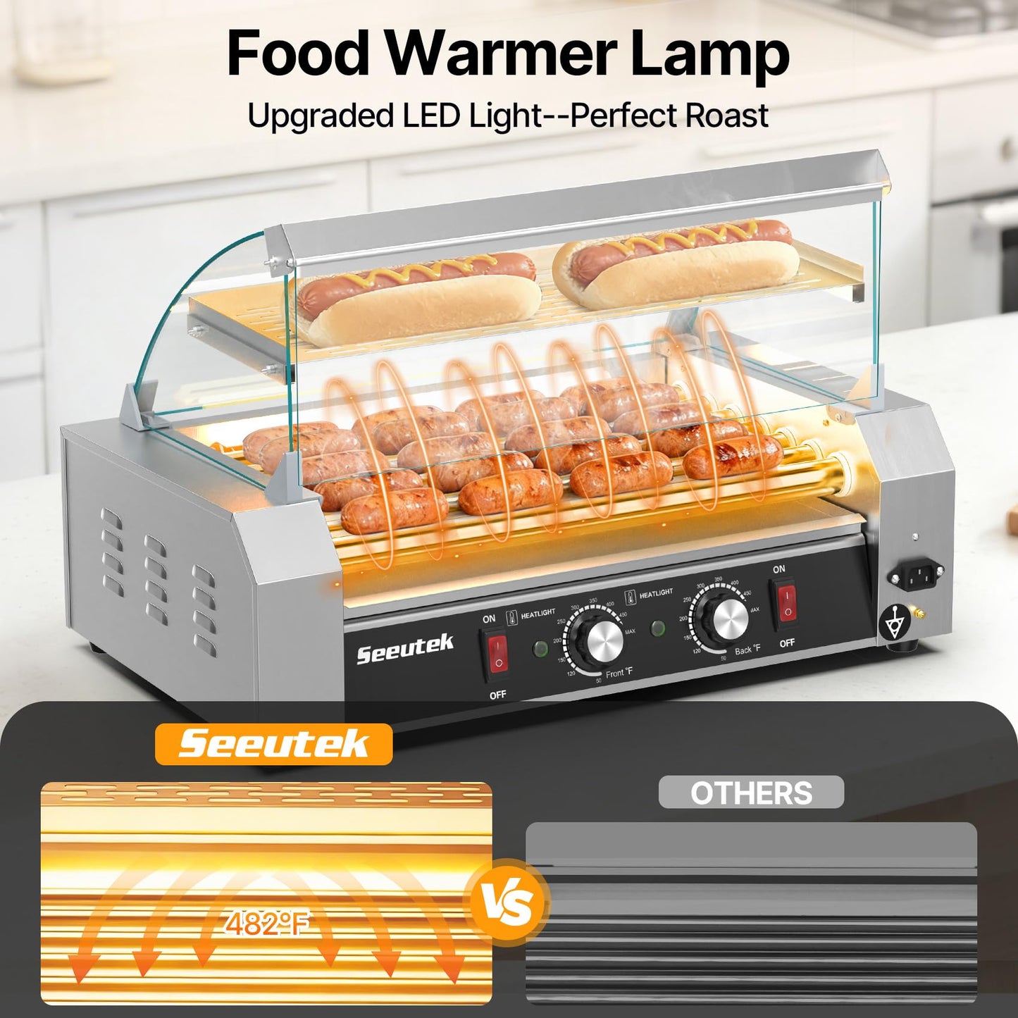 Seeutek Hot Dog Roller 7 Rollers 24 Hot Dogs Capacity 1100W Stainless Hot Dog Toaster With LED Light, Hot Dog Machine W/Dual Temp Control Glass Hood Acrylic Cover Warmer Shelf Removable Oil Drip Tray