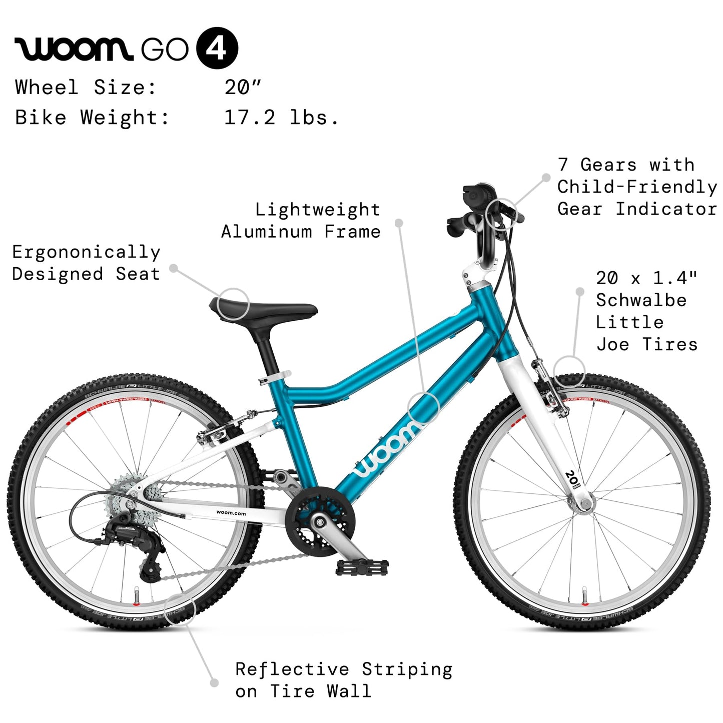 woom GO 4 Bicycle for Kids 6 to 8 Years Old, 20-Inch Lightweight 7-Speed Bike for Beginner Riders with Handbrake for Boys & Girls - Metallic Blue