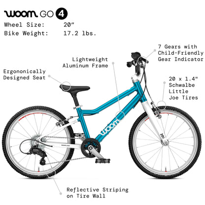 woom GO 4 Bicycle for Kids 6 to 8 Years Old, 20-Inch Lightweight 7-Speed Bike for Beginner Riders with Handbrake for Boys & Girls - Metallic Blue