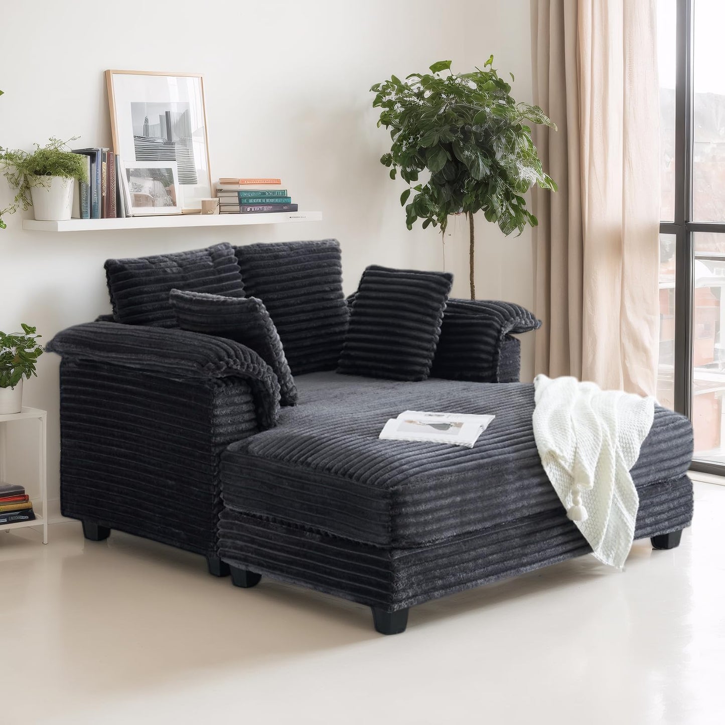 VINGLI Lounge Chair, 56" Oversized Reading Chair Corduroy Chaise Sofa Recliner Bed Upholstered Comfy Sleeper Couch with Throw Pillows and Armrests for Living Room, Movie Room, Bedroom