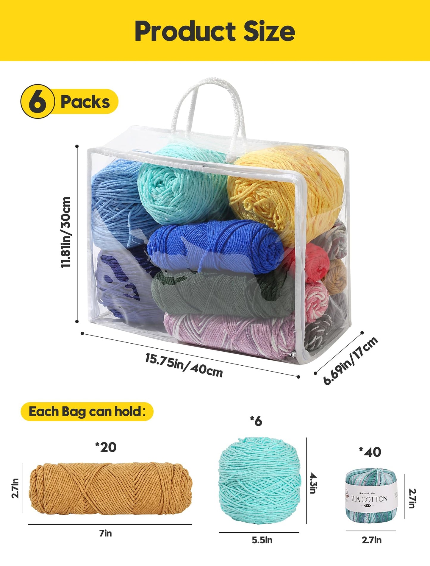 Remittur 6 Packs Large Yarn Storage Bags, Clear Yarn Storage Organizer with Zippers and Handles, Crochet Bag Knitting Bag for Knitting Needles Crochet Hooks-17.75 * 6.69 * 11.8 inches