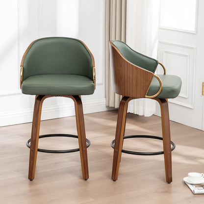 YOUUGIOR 24.8" Swivel Counter Height Bar Stools Set of 3,Green Leather Barstools Mid Century Modern Bar Chairs with Wood Legs and Golden Arms for Kitchen Dining Pub Cafe