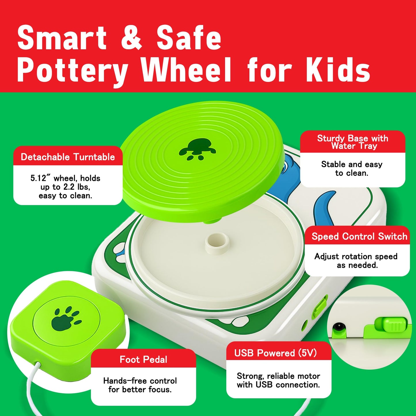 ROHSCE Pottery Wheel for Kids, Dinosaur Theme Pottery Studio Kit, Arts and Crafts for Boys and Girls Ages 5-12, Creative Holiday Gift with Non-Toxic Clay