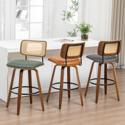 Set of 2 Swivel Bar Height Stools, 30.3 Inch Rattan Cane Back, Faux Leather Upholstered Seat, Solid Wood Frame with Walnut Finish, Metal Footrest, Mid Century Kitchen Island & Home Bar Stools, Green