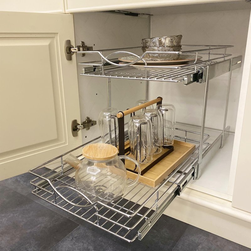 Sikarou Pull Out Cabinet Organizer 26" W x 21" D 2-Tier Individual Slide Out Drawer Pantry Shelf Storage for Kitchen Base Cabinet Organization for Kitchen, Bathroom, Pantry, Chrome