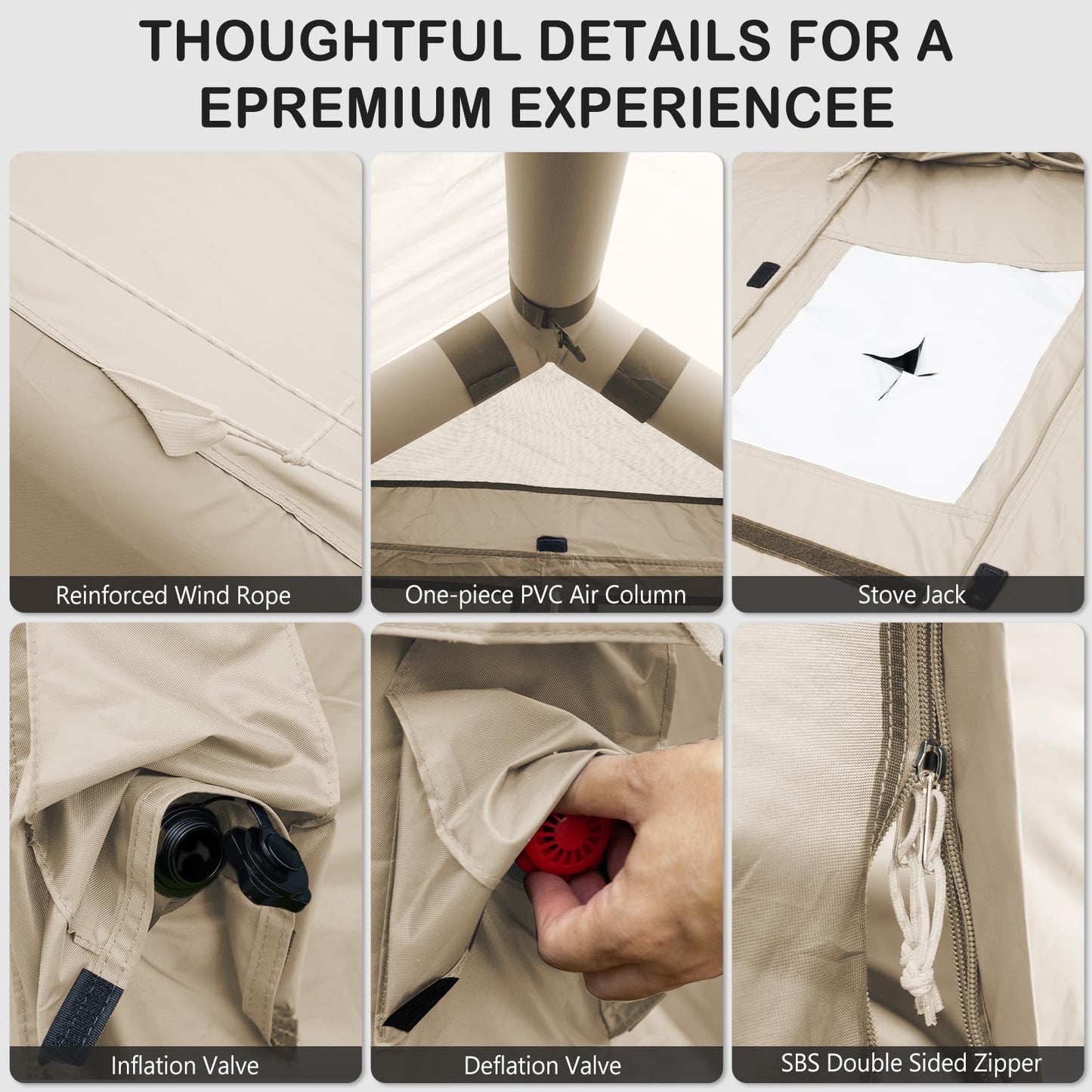 Blow Up Tent with Skylight and Stove Jack,4-6 Person Inflatable Camping Hot Tent with Pump,Easy Setup Family Camping Tent 4 Season Waterproof Outdoor Tents,Beige