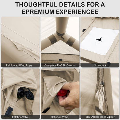 Blow Up Tent with Skylight and Stove Jack,4-6 Person Inflatable Camping Hot Tent with Pump,Easy Setup Family Camping Tent 4 Season Waterproof Outdoor Tents,Beige