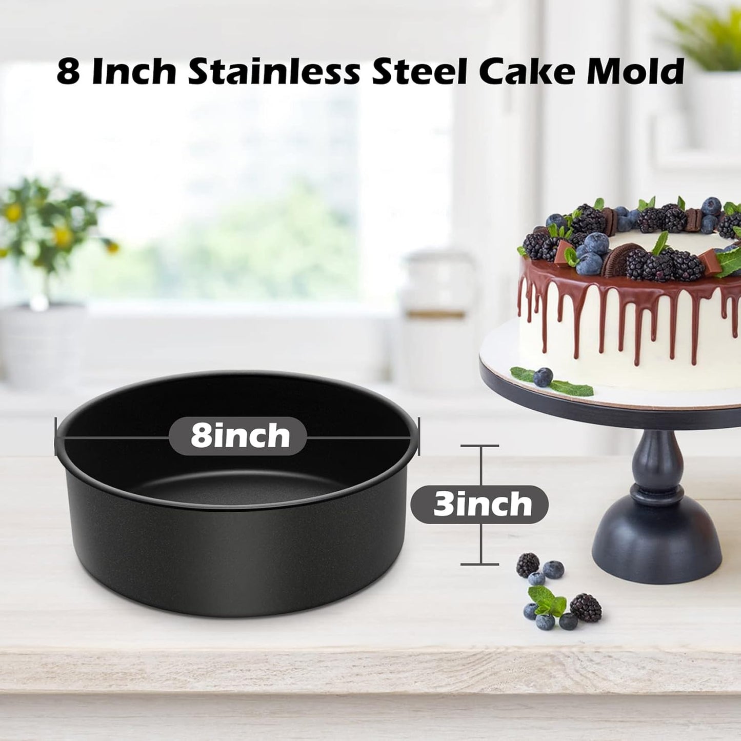 LIANYU 8 × 3 Inch Cake Pan Set of 3, Nonstick Stainless Steel Baking Pan for Cake, Rust Resistant